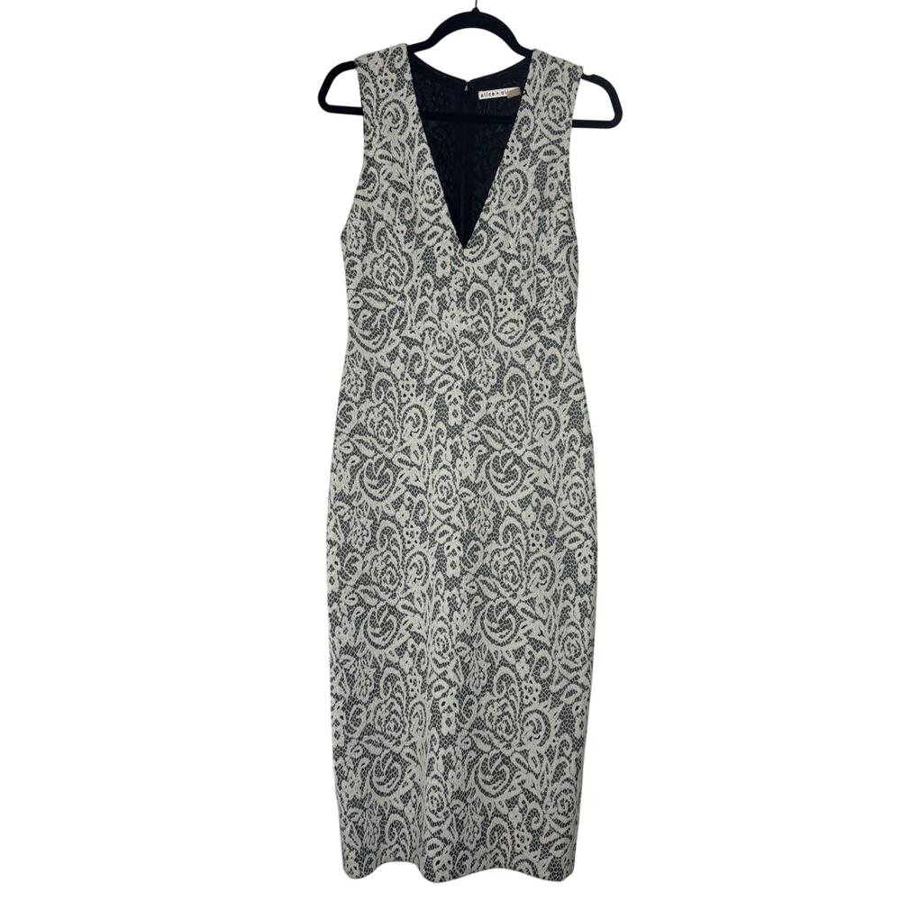 Alice + Olivia Lilia Lace Textured Plunge V-Neck Sheath Dress 6 Black Cream EUC - Picture 2 of 7